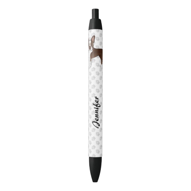 Stylo Noir Chocolat Boston Terrier Cute Cartoon Chien et nom (devant Vertical)
