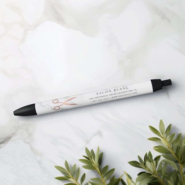 Stylo Noir Ciseaux en marbre et or Rose | Salon de coiffure (Créateur téléchargé)