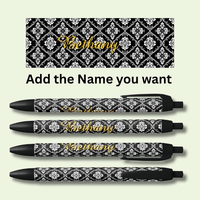 Stylo Noir Classic Abstrait Damask Gold Nom (Créateur téléchargé)