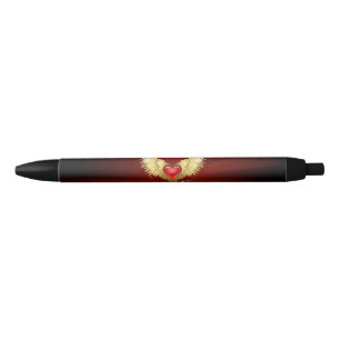 Stylo Noir Cœur Rouge avec des Ailes Dorées