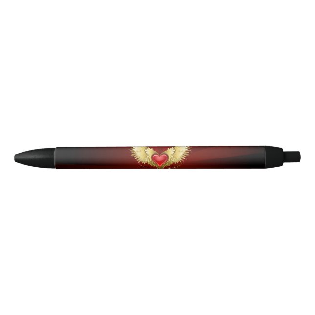 Stylo Noir Cœur Rouge avec des Ailes Dorées (Devant)