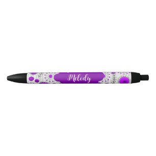 Stylo Noir Coeurs blancs violet blanc Whimsical fleurs nom fl