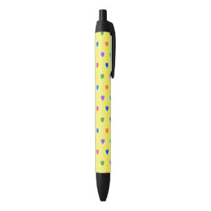 Stylo Noir Coeurs de polka arc-en-ciel sur jaune
