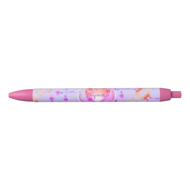Stylo Noir Coeurs Roses de papier à lettres personnelles (Devant)