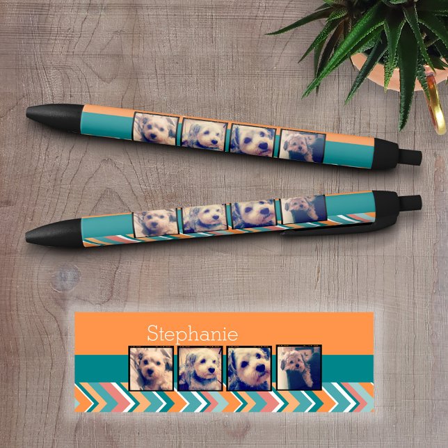 Stylo Noir Collage photo avec des Chevrons Turquoises et oran (Personalized Writing Pens - add your name, monogram or other text)