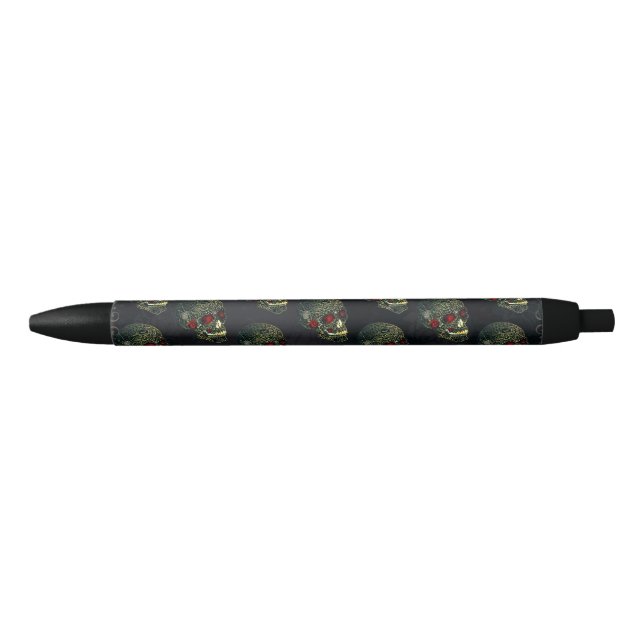 Stylo Noir Crâne de araignée et roses glamour gothique (Devant)