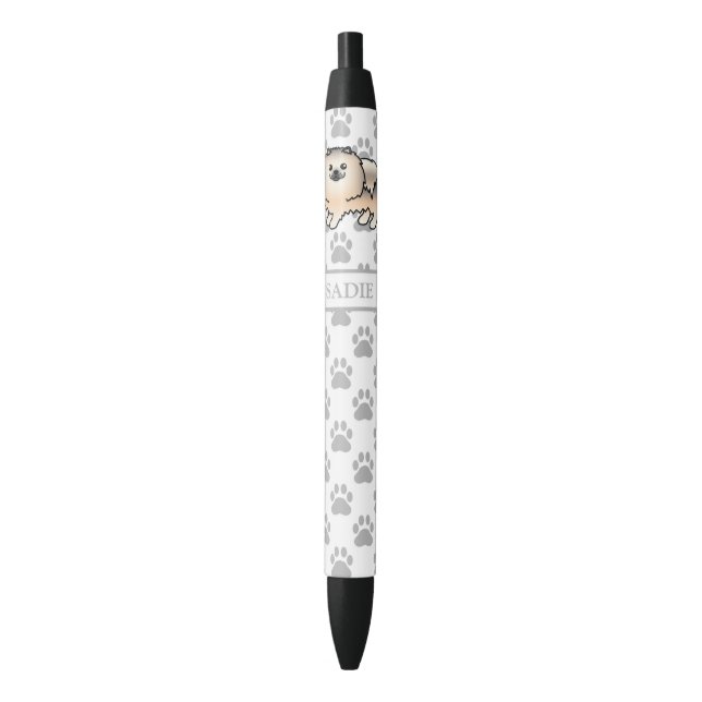Stylo Noir Cream Sable Pomeranian mignon Dessin et nom (devant Vertical)