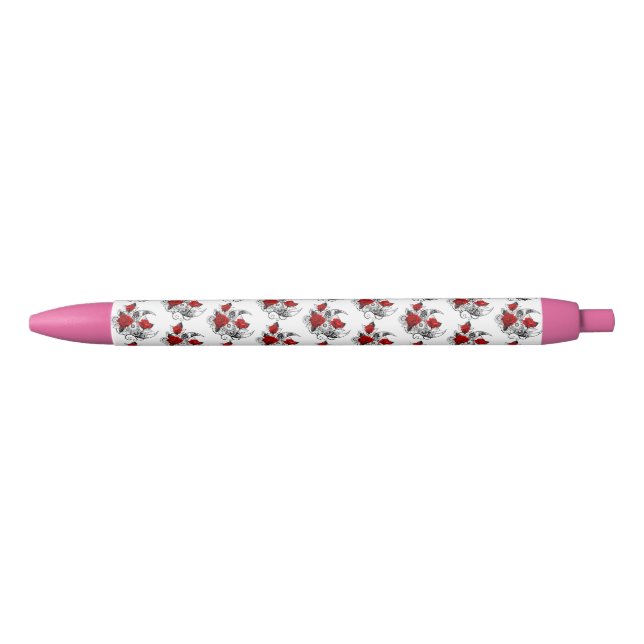 Stylo Noir Croissant mécanique avec roses rouges (Devant)