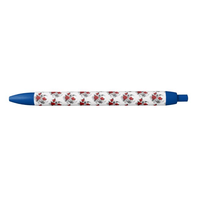 Stylo Noir Croissant mécanique avec roses rouges (Devant)