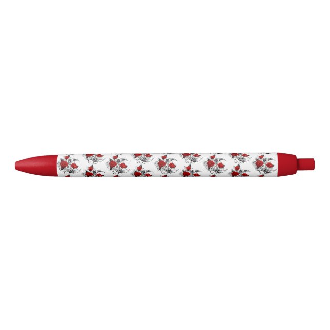 Stylo Noir Croissant mécanique avec roses rouges (Devant)