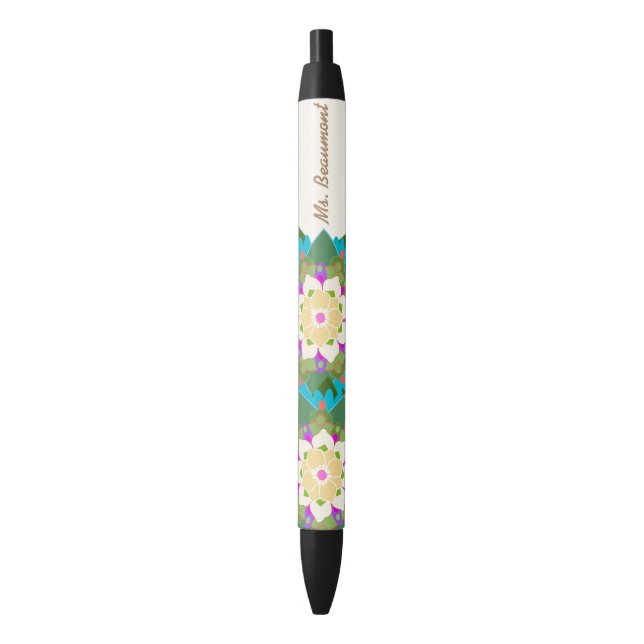 Stylo Noir Cute Lotus Floral Flower Nom personnalisé (devant Vertical)