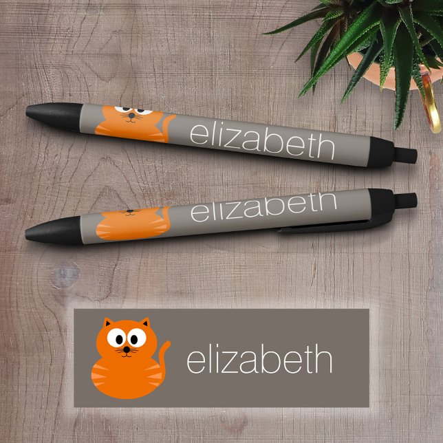 Stylo Noir Cute Orange Fat Chat avec Taupe Personnalisé (Custom Pen - Personalize this writing pen with your name, monogram or other text)