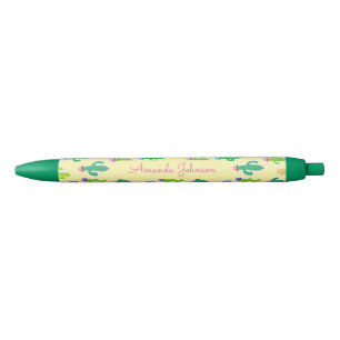 Stylo Noir Cute Pastel Cactus Monogram Nom du script
