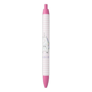 Stylo Noir Cute Unicorn - Personnalisé Rose Striped Kids