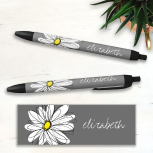 Stylo Noir Daisy floral tendance avec nom personnalisé gris j