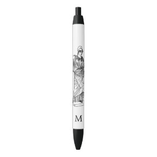 Stylo Noir Déesse grecque Athéna & monogramme sur fond blanc