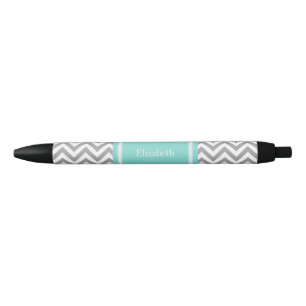 Stylo Noir Dk Gris Blanc LG Chevron Turquoise Monogramme Nom