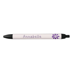 Stylo Noir Doodle à fleurs violettes Votre nom