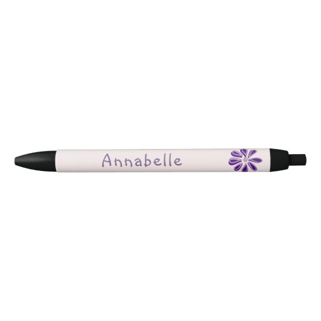Stylo Noir Doodle à fleurs violettes Votre nom (Devant)