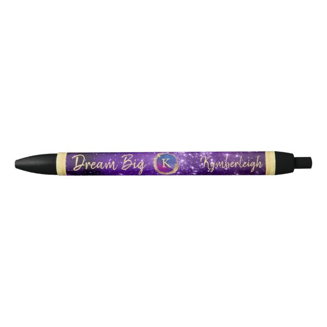 Stylo Noir Dream Big Purple Galaxy Glam Gold Monogramme Nom (Devant)