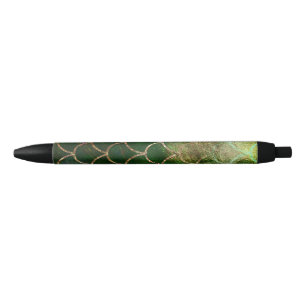 Stylo Noir Écailles de poisson sirène scintillantes vert et o
