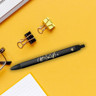 Stylo Noir Élégant Black Gold Heart Nom du script Monogram Bl