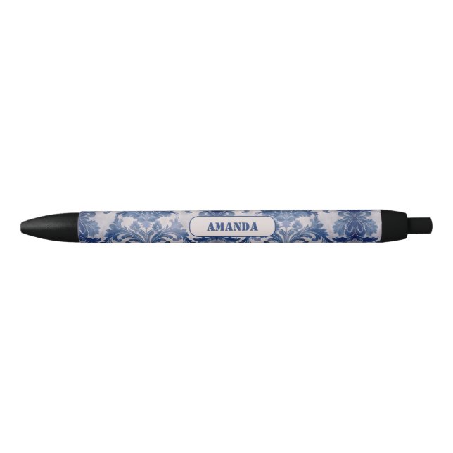 Stylo Noir Élégant damassé Bleu toile de jouy monogramme (Devant)