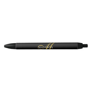 Stylo Noir Élégant Monogram Gold Script noir