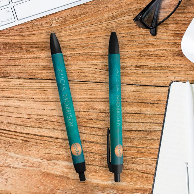 Stylo Noir Élégant monogramme de luxe personnalisé or vert (Créateur téléchargé)