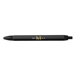 Stylo Noir Élégant Monogramme Noir Or Classique Nom Initial
