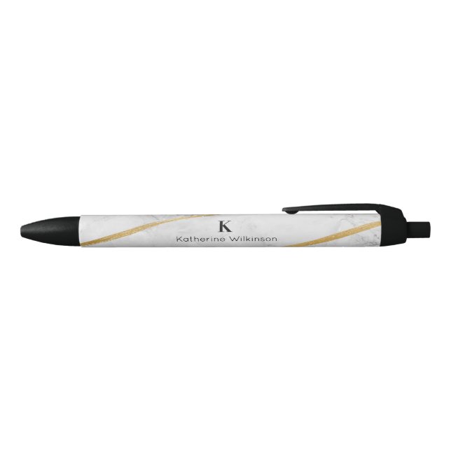 Stylo Noir Élégant Monogramme Or Marbre blanc (Haut)