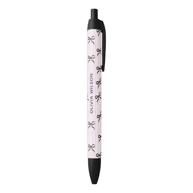 Stylo Noir Elegant Nœuds Noirs Rayures Roses Monogramme (Bas (Vertical))