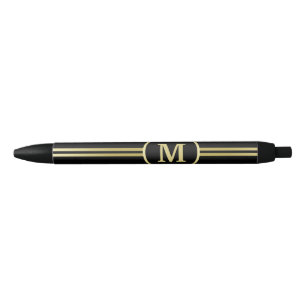 Stylo Noir Élégant or Monogramme personnalisé sur noir
