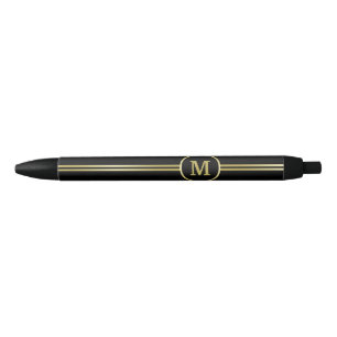 Stylo Noir Élégant or Monogramme personnalisé sur noir