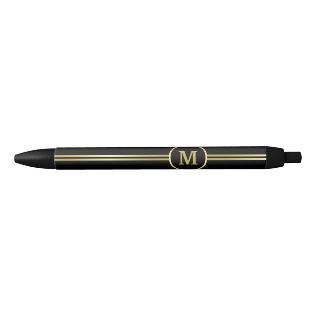 Stylo Noir Élégant or Monogramme personnalisé sur noir (Devant)