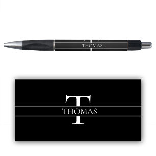 Stylo Noir Élégant Personnalisé Monogramme Nom Personnal