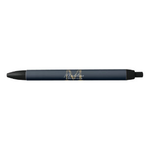 Stylo Noir Élégant Script Monogramme Or Bleu Marine Métallisé