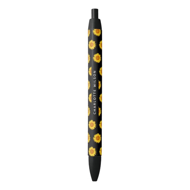 Stylo Noir Élégant Sunflower Jaune Nom du script Monogramme (devant Vertical)