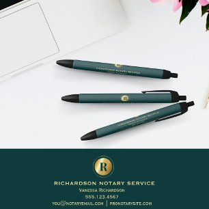 Stylo Noir Élégant Vert Classic Or Monogramme Promo Notaire