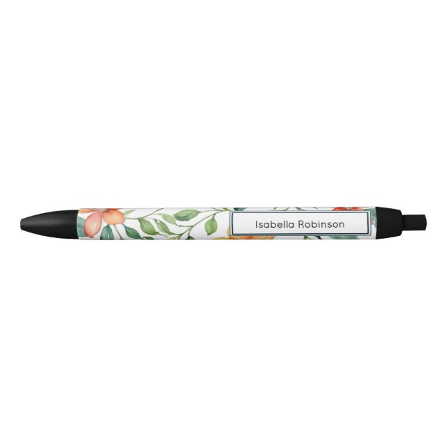 Stylo Noir Elégante aquarelle florale personnalisée (Devant)