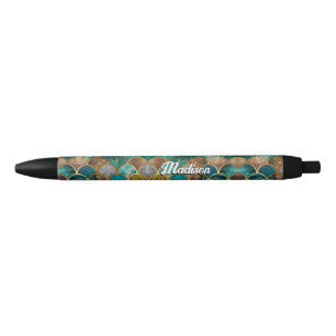 Stylo Noir Élégantes écailles de sirène vert turquoise or