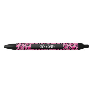 Stylo Noir Empreinte de léopard rose Glam Girly Personnalisé