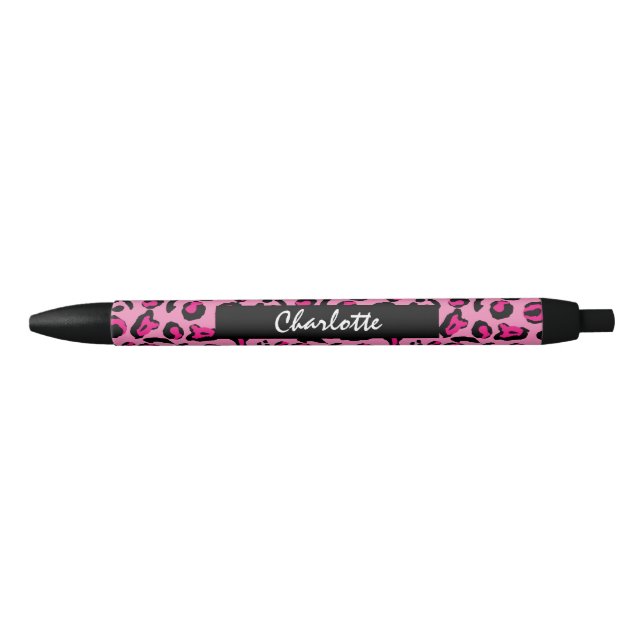 Stylo Noir Empreinte de léopard rose Glam Girly Personnalisé (Devant)