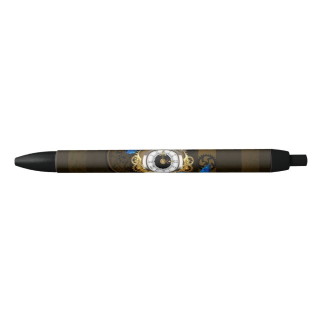 Stylo Noir Engrenages à vapeur et papillons bleus (Devant)