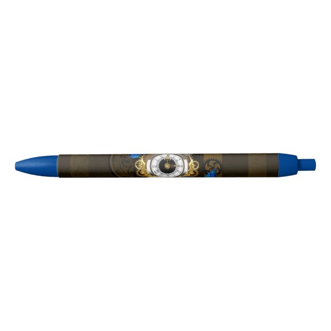 Stylo Noir Engrenages à vapeur et papillons bleus (Devant)