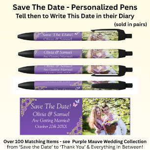 Stylo Noir Enregistrer La Date - Photo + Fleurs Mauves Violet