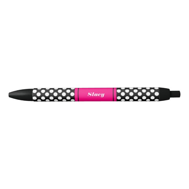 Stylo noir et rose personnalisé de point de polka (Devant)
