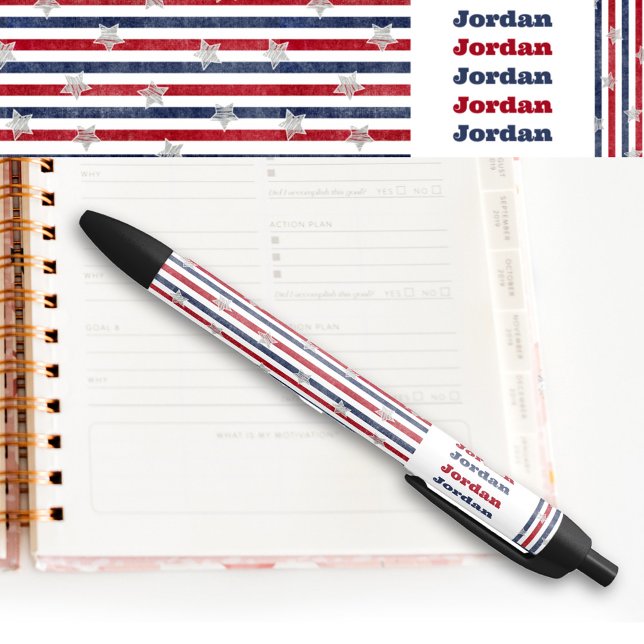 Stylo Noir Étoiles et rayures 4 juillet Patriotique USA Nom (Créateur téléchargé)