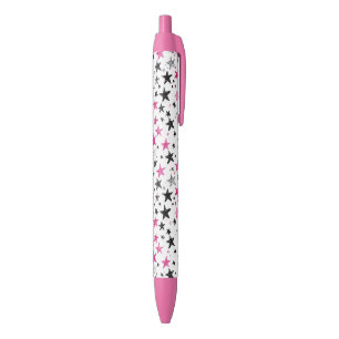 Stylo Noir Étoiles Roses Argent Noires
