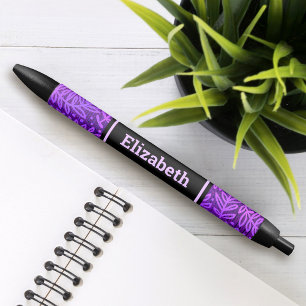 Stylo Noir Feuillage violet feuille motif nom personnalisé mo